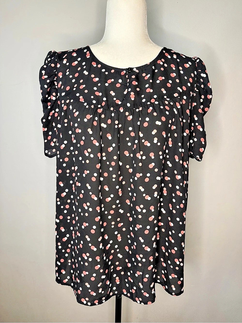 Blousology Polka Dot Puff Sleeve Blouse in Black & Pink XL